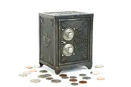 Victorian Antique Iron Coin Bank Double Combination Lock, Keyless Lock Co #39887