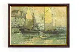 Sailboats at Harbor Vintage Original Oil Painting, Custom Frame 21.5"  #39884