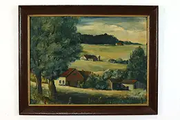 Farmhouses and Fields Antique Original Oil Painting, Hammar 23.5" #40188