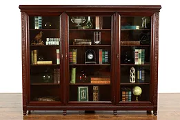Carved Mahogany Antique Triple Office Bookcase with Wavy Glass Doors #39223