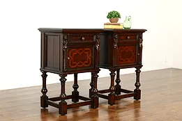 Pair of Renaissance Carved Walnut & Marquetry Antique Nightstands #38706