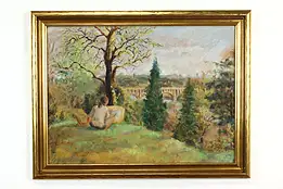 Girl Painting a Landscape Vintage Original Oil Painting Signed 28" #39613