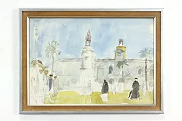 Spanish Cathedral Plaza Scene Vintage Original Watercolor Painting 23"  #38915