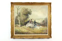 Picnic & Lake Landscape Vintage Original Oil Painting, Gschossmann 37.5" #39615