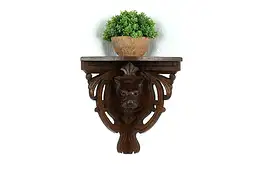 Black Forest Antique Walnut Corner Wall Shelf, Carved Wildcat Sculpture #40216