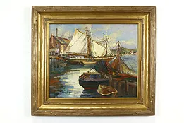 Sailboats at Dock Antique Original Oil Painting, Sebastian 33" #39875