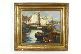 Sailboats at Dock Antique Original Oil Painting, Sebastian 33" #39875