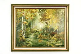 Autumn Birch Forest Scene Vintage Original Oil Painting, Mattson 33" #39886