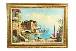Capri Italy Harbor Scene Vintage Original Oil Painting, Mitelli 43.5" #40172
