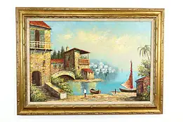 Capri Italy Harbor Scene Vintage Original Oil Painting, Mitelli 43.5" #40172