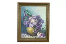 Purple Zinnias in Vase Still Life Antique Original Oil Painting, 33" #40158