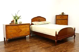 French Style Antique Carved Satinwood & Burl Queen Size 3 Pc. Bedroom Set #40110