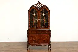 French Style Vintage Carved Walnut Marquetry China Curio Display Cabinet #40374