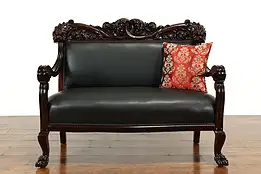 Art Nouveau Antique Mahogany Settee or Hall Bench, Carved Lions, Karpen #40529