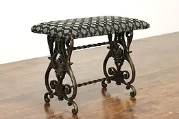 Cast Iron Antique Bench, New Upholstery, Scholar & Grapevine Motifs #40473