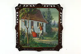 Farmer & Wife with Cottage Antique Original Oil Painting, 25.5" #40154
