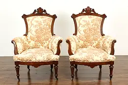 Pair of Victorian Renaissance Antique Walnut & Burl Chairs #40517