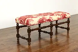 Traditional Vintage Ash Hall or Bedroom Bench, Toile Upholstery #40317