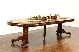 Empire Antique 48" Round Oak Dining Table, 6 Leaves Extends 10', Paw Feet #34300