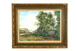 Landscape with Shepherdesses & Animals Vintage Original Oil Painting, 32" #40540