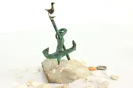 Verdigris Iron Anchor & Seagull on Quartz Base Vintage Sculpture #40602