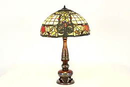 Bronze & Cloissonne Antique Office Desk Lamp, Stained Glass Shade #40401