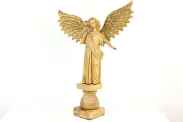 Angel with Trumpet Vintage Carved Teak Sculpture, Pedestal Base #40523
