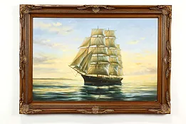 Clipper Ship at Sea Vintage Original Oil Painting, Gold Frame 43" #40304