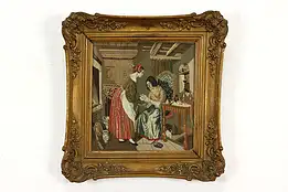 Women in Parlor Antique 1820s Hand Stitched Petit Point Tapestry 16.5" #40270