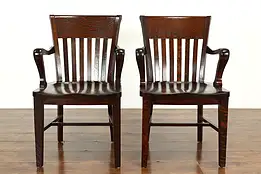 Pair of Arts & Crafts Antique Oak Craftsman Banker, Office or Desk Chairs #40599