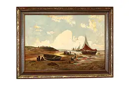 Beach Scene with Children Antique Original Oil Painting Signed 31.5" #40305