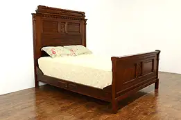 Victorian Eastlake Antique Carved Queen Size Bed, Carved Squirrels #40556