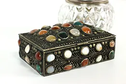 Folk Art Antique Silverplate Jewelry or Trinket Box Agate Cabochons #40739