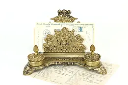 Classical Antique Brass Double Inkwell & Letter Holder, Cherubs or Angels #40565