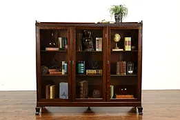Arts & Crafts Carved Oak Antique Triple Office or Library Bookcase #40684