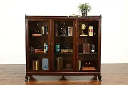 Arts & Crafts Carved Oak Antique Triple Office or Library Bookcase #40684