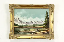 Mountain & Lake Landscape Vintage Original Oil Painting, Neuhold 19.5" #40802