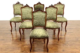 Set of 6 French Louis XV Antique Carved Walnut Dining Chairs, New Upholst #40118