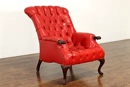 Georgian Style Vintage Tufted Red Leather Lounge or Library Chair #40438