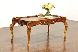 Inlaid Marquetry Vintage Coffee Cocktail Table, Carved Angels or Cherubs #40368