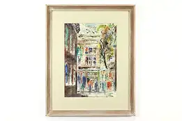 Busy Street Scene Vintage Original Watercolor & Ink Painting Cooper 30.5" #40429