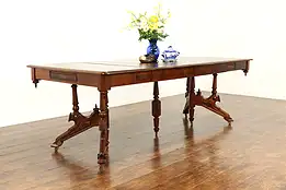 Victorian Eastlake Antique Walnut & Burl 42" Dining Table, Extends 7' #38131