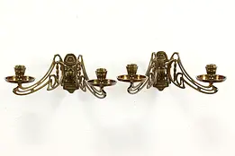 Pair of Art Nouveau Antique Brass Double Candle Wall Sconces #40363