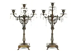 Pair of Victorian Antique 4 Candle Iron & Crystal Candelabras, Paw Feet #40875