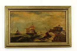 Ships Sailing into Fishing Harbor Antique 1857 Original Oil Painting, 35" #40744