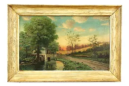 Millhouse Path in Countryside Antique Original Oil Painting Leavitt 34.5" #40749