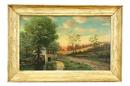 Millhouse Path in Countryside Antique Original Oil Painting Leavitt 34.5" #40749