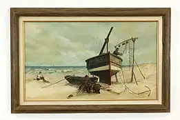 Fishermen Repairing Nets Vintage Original Oil Painting, Signed 1980 32.5" #40447