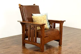 Arts & Crafts Mission Oak Vintage Craftsman Leather Morris Recliner Chair #40298