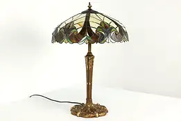 Leaded Stained Glass Shade On Antique Office Desk or Library Lamp #40868